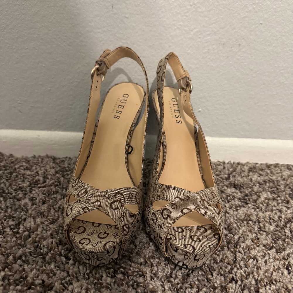 Vintage Y2K Guess Monogram Logo Platform Slingback Heels - Size 8M